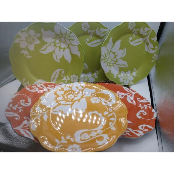 Better Homes & Gardens Set Of 6 Floral Plates In Green Yellow & Orange 8" Scallo - Picture 1 of 3
